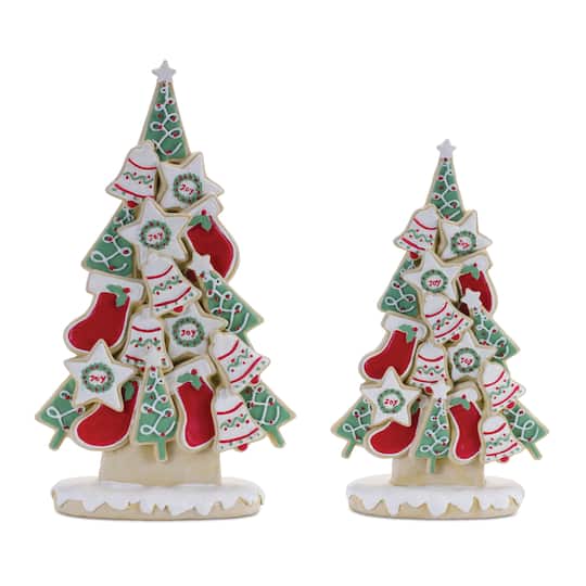 91134DS 10 & 12 in. Resin Cookie Tree, Green, Red & White - Set of 2